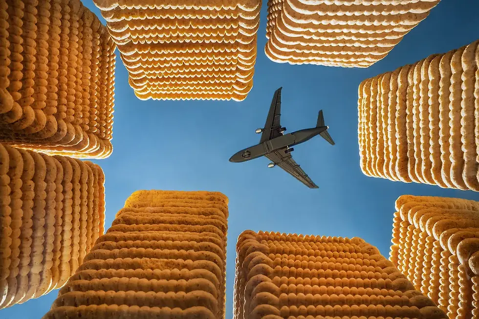 toy airplane on blue paper, seemingly flying above tower blocks made of lots of biscuits