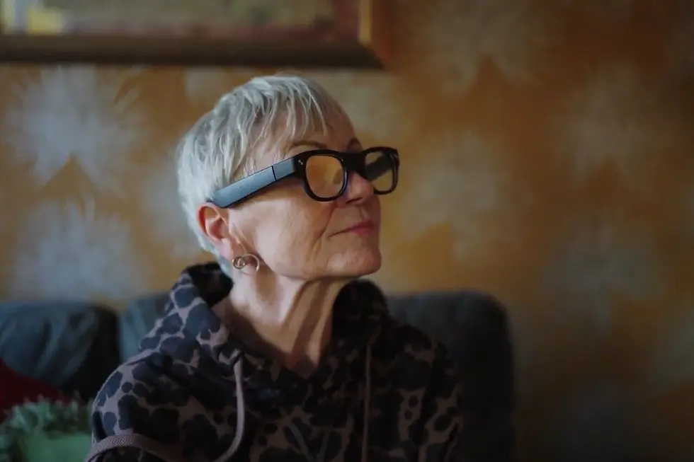 Elderly woman wearing CrossSense's AI-powered smart glasses