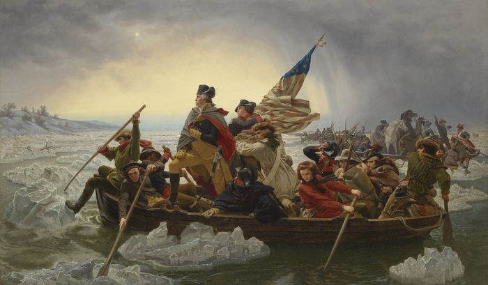 Painting of Washington standing a the front of a boat being rowed across the Delaware river
