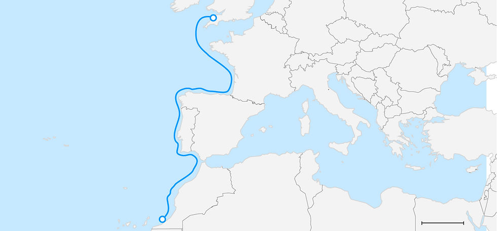 Map depicting the sub-sea cable route from Morocco to England