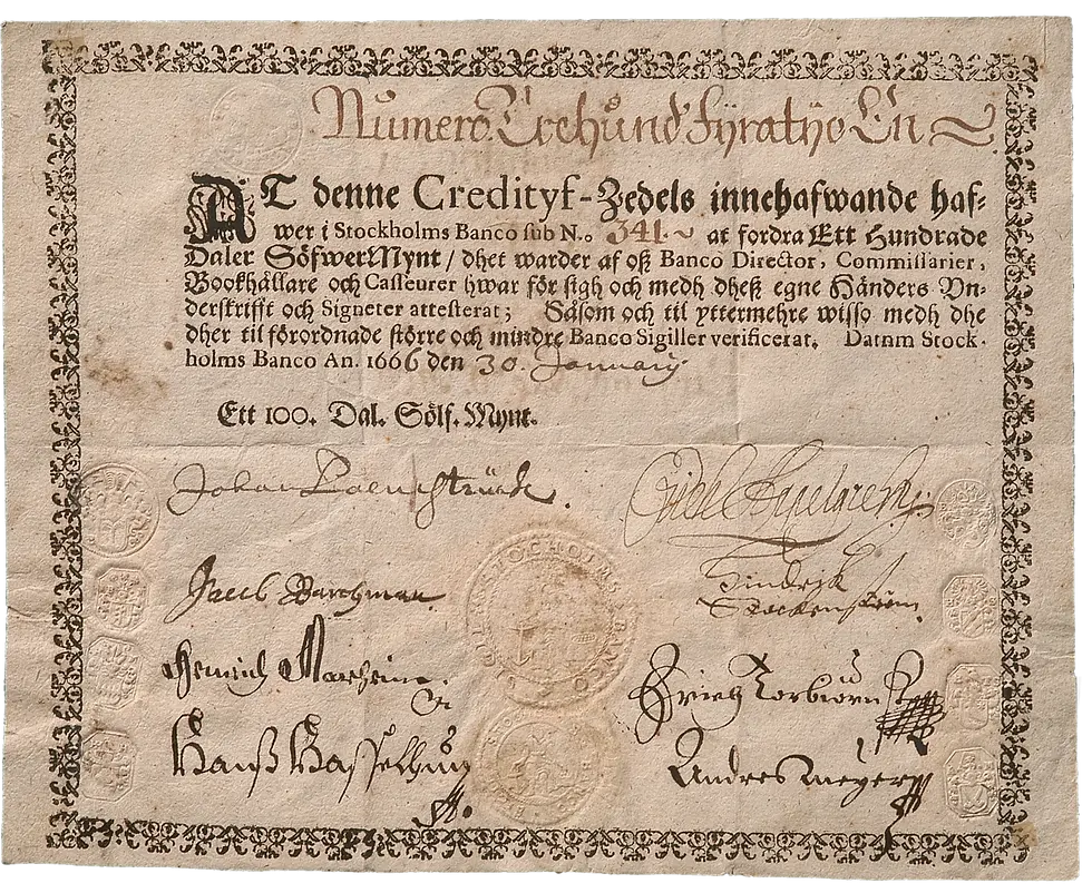 The first European banknote, issued by Stockholms Banco of Sweden
