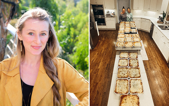 Split image: left side is portrait photo of Rhiannon Menn; right side shows several dozen trays of lasagna