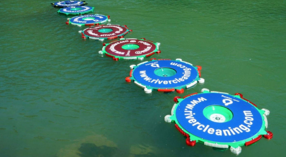 Aerial view of River Cleaning's floating devices
