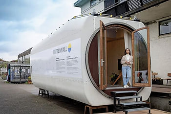 Exterior of tiny house made from a turbine nacelle