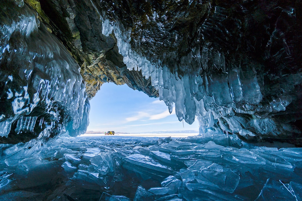 Ice crystals dangling from a cave roof