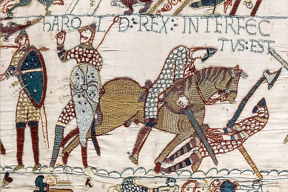The death of King Harold at the Battle of Hastings in 1066 depicted on the Bayeux Tapestry