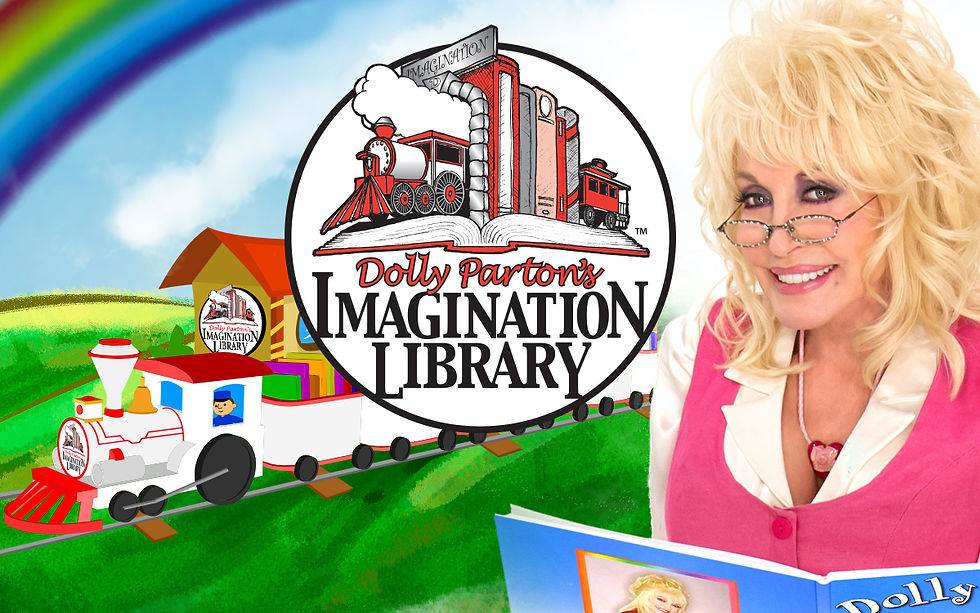 Dolly Parton wearing a pink cardigan, reading a children's book from her 'Imagination Library'