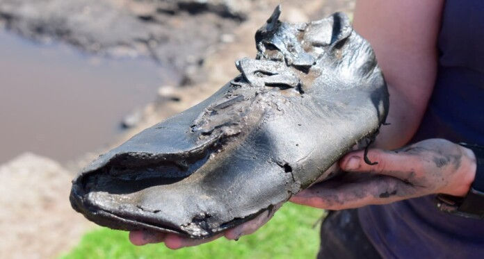 Remains of a hefty leather shoe measures a whopping 12.8 inches from toe to heel