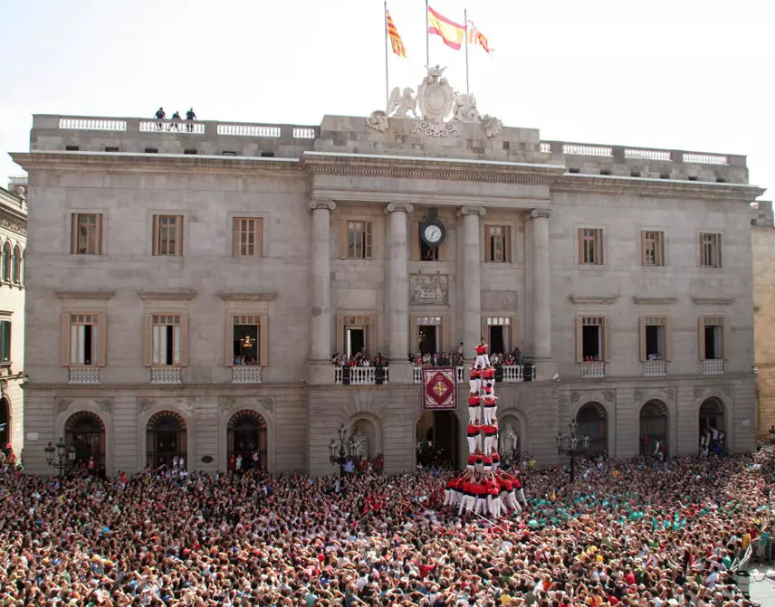 human tower formed by castellers standing on the shoulders of one another in Barcelona's main square