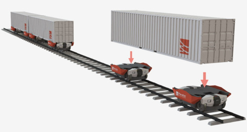 Graphic of a steel container being lowered on to wheels