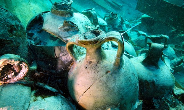 Jumble of intact Roman amphorae in the sunken ship.