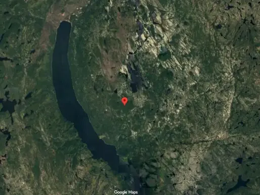 Screenshot from Google Maps of a meteorite crater in Canada