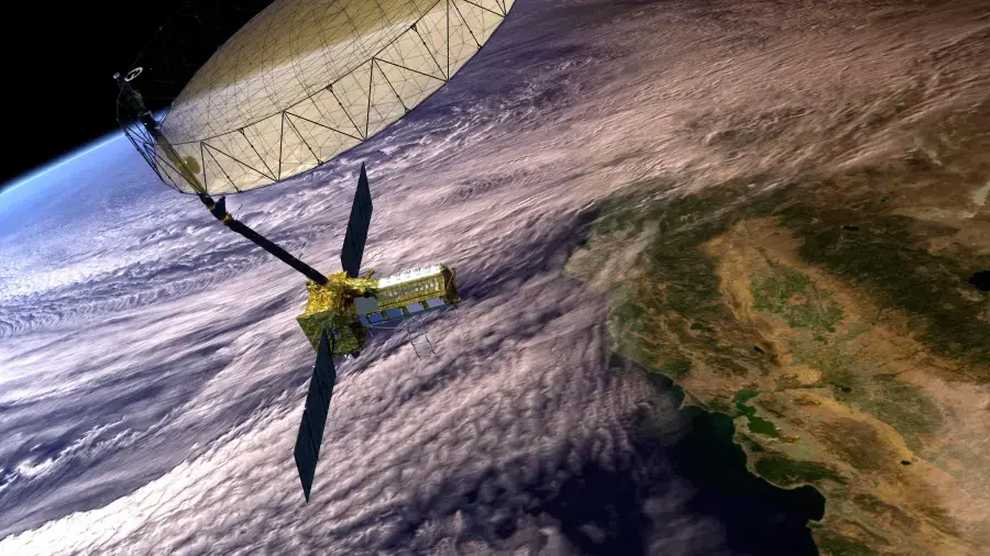 Artist's illustration of the new NISAR satellite in space above Earth