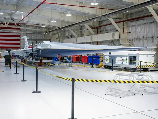 NASA's X-59 quiet supersonic research aircraft inside its hangar