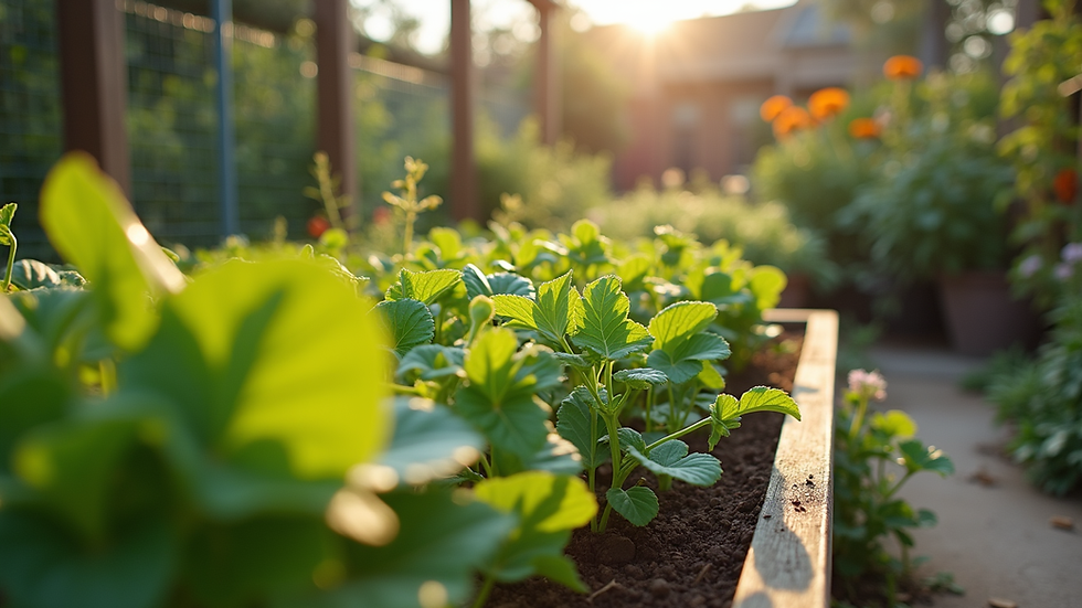 Eye-level view of a community garden flourishing with diverse plants