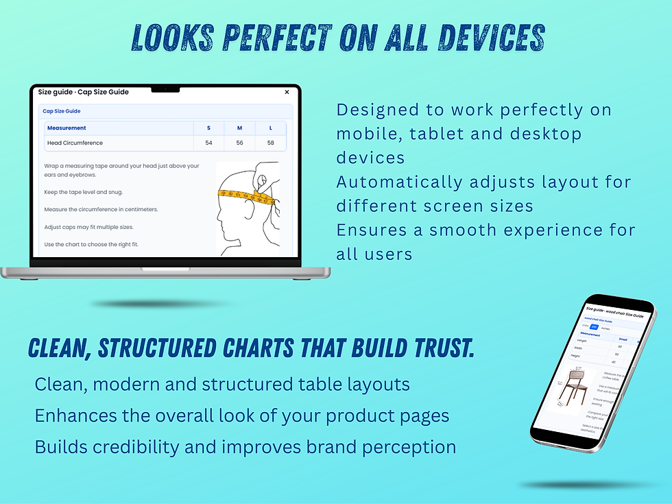 Responsive size guide on laptop and mobile phone