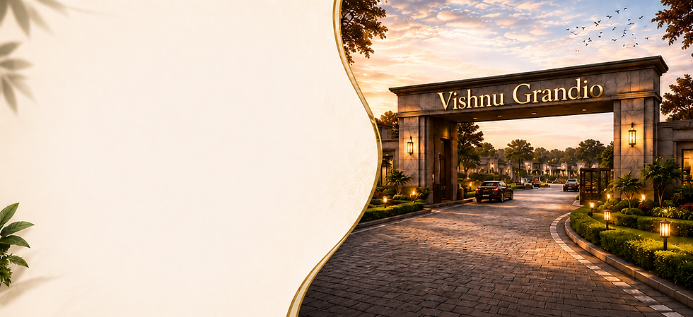 Grand entrance gate arch of "Vishnu Grandio" luxury gated community township with a paved stone driveway, landscaped gardens