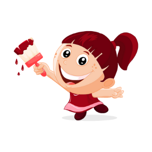 Cartoon girl smiling, holding paintbrush with red paint, looking happy and creative.