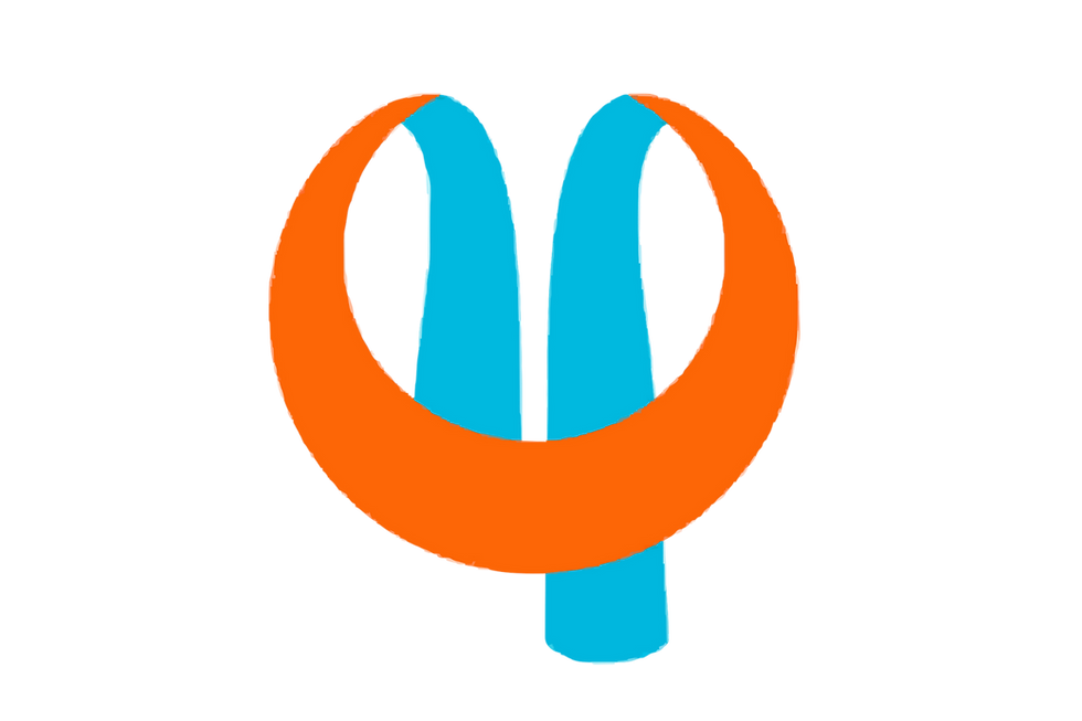 Orange and blue logo with stylized letter M shape on black background.