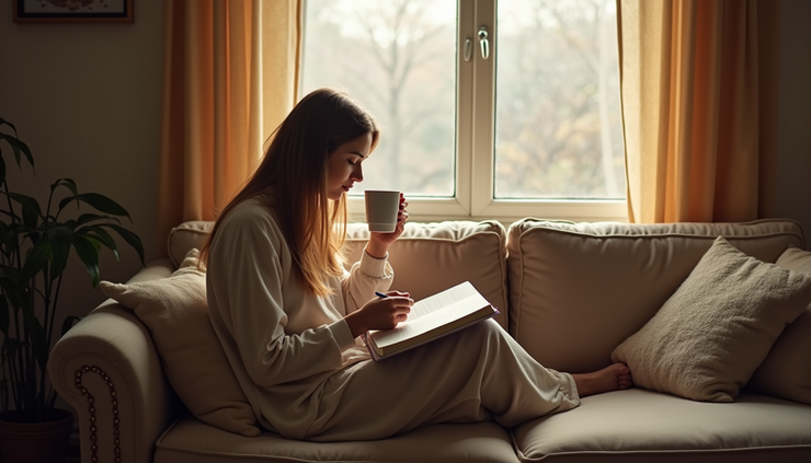 Eye-level view of a mother sitting on a cozy couch with a journal and a cup of tea