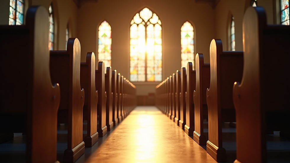 Eye-level view of empty church pews with sunlight streaming through stained glass windows