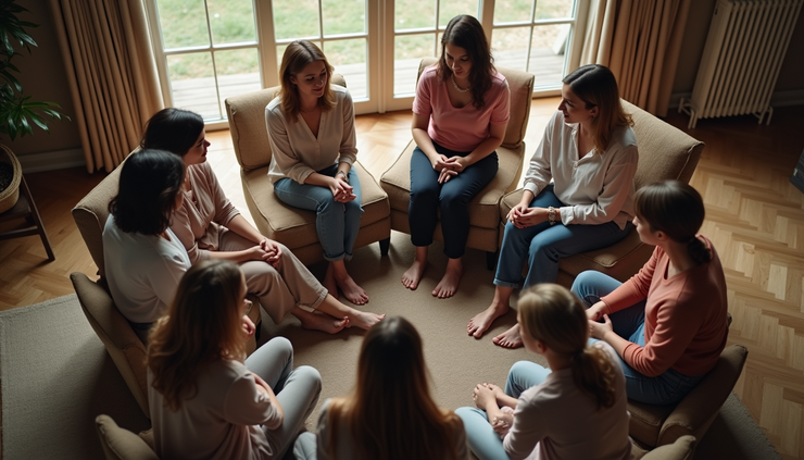 High angle view of a small group of women sitting in a circle, sharing and supporting each other