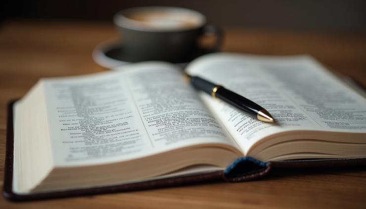 Close-up view of an open Bible with a highlighted verse and a pen beside it