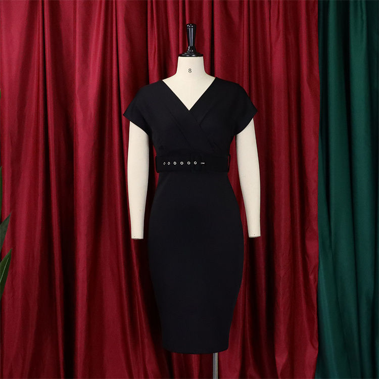 Thumbnail: Elegant V-Neck Belted Bodycon Cocktail Dress Women Plus Size Office Winter Dress