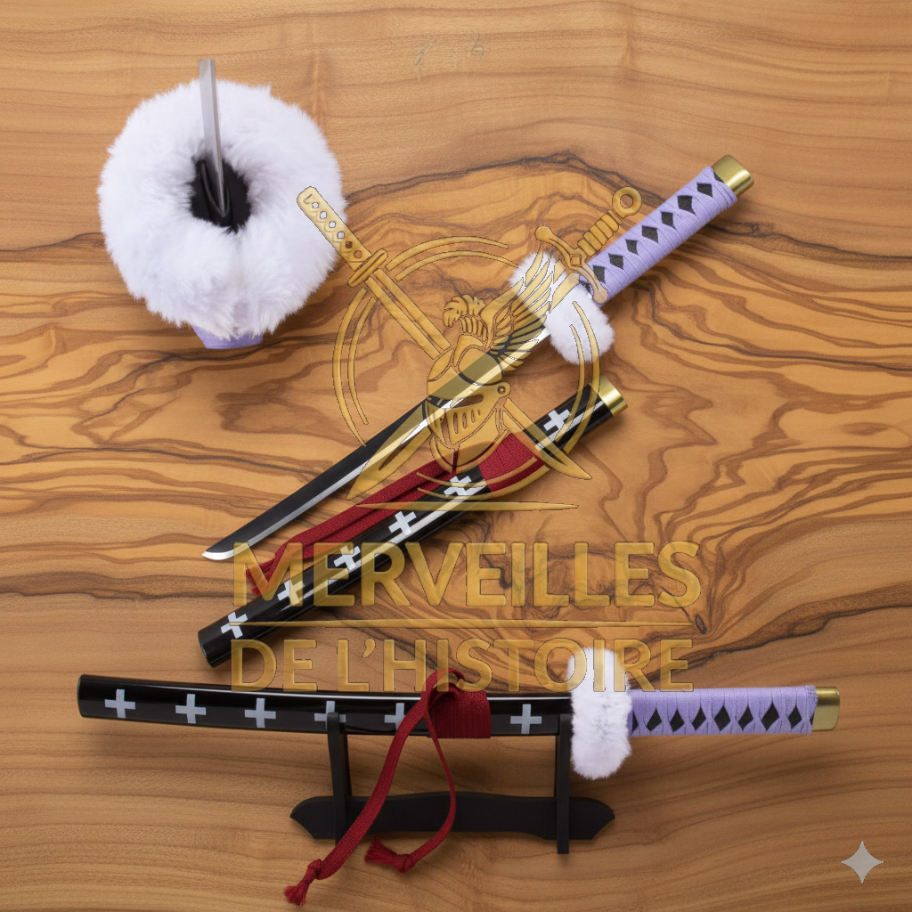 Réplique mini katana Kikoku de Trafalgar Law One Piece 45cm, lame acier, fourreau noir à croix blanches et garde en polaire.
