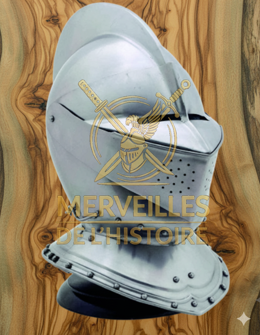 Réplique de casque Armet anglais du XVIe siècle en acier avec visière nervurée et gorgerin articulé sur fond bois naturel.