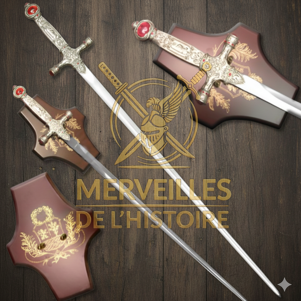 Épée de Gryffondor Harry Potter 80cm sur fond bois. Réplique avec garde ornée de rubis et son support mural en bois décoré.
