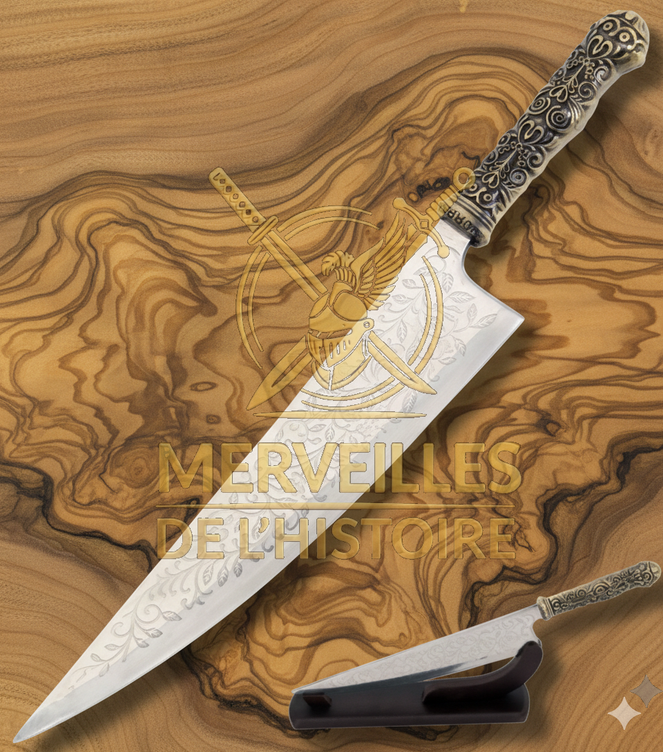 Réplique Couteau Vorpal Blade Alice Madness Returns 48cm, lame gravée et manche sculpté détaillé sur fond bois rustique.