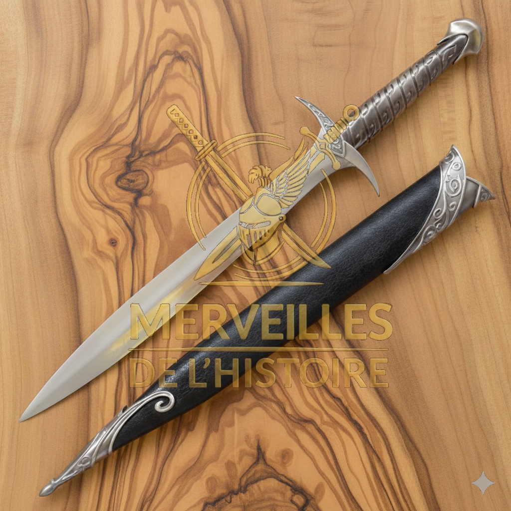 Dague Dard de Frodon, réplique 67cm avec fourreau noir ciselé, posée sur bois. Le Seigneur des Anneaux.