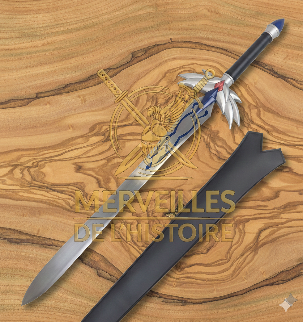 Réplique épée Erza Scarlett Fairy Tail, Armure de la Nature, 106 cm, lame acier avec gravures bleues sur fond bois