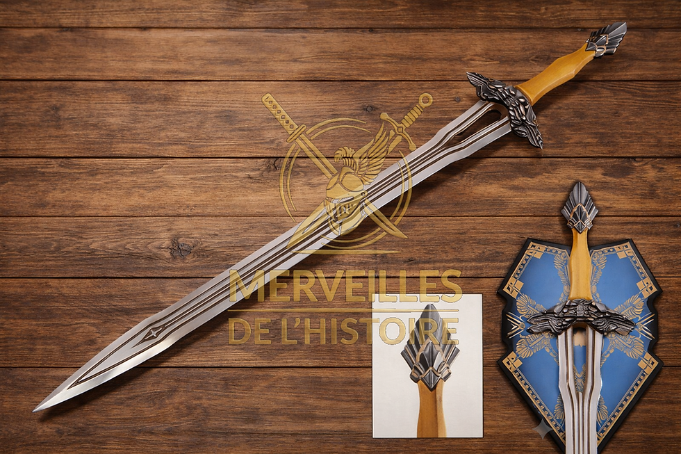 Épée Regal de Thorin 92 cm avec garde en forme de corbeaux et lame gravée sur fond bois, Le Hobbit.