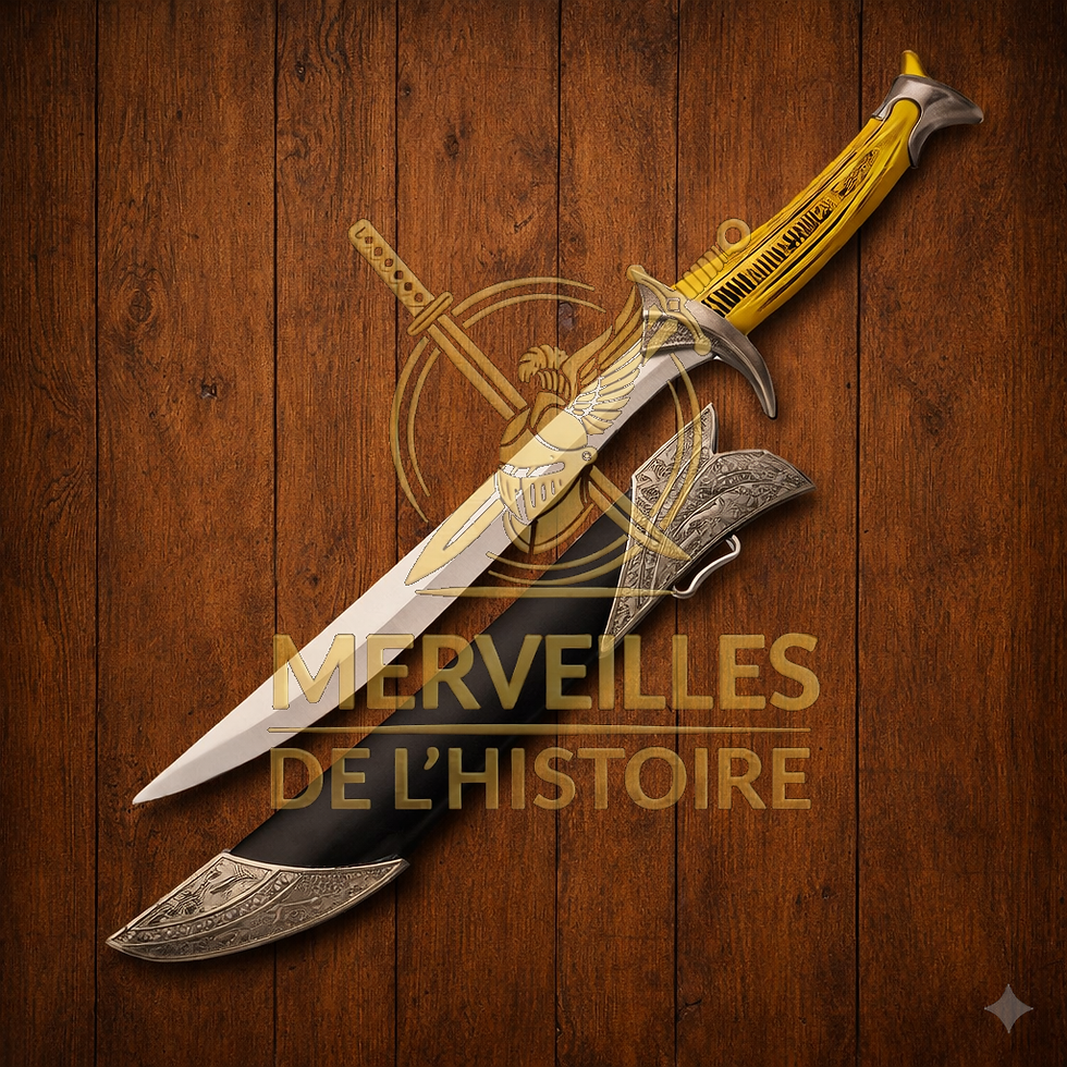 Dague Orcrist Le Hobbit 28cm avec fourreau sur fond bois, réplique Seigneur des Anneaux, collection Merveilles de l’Histoire.
