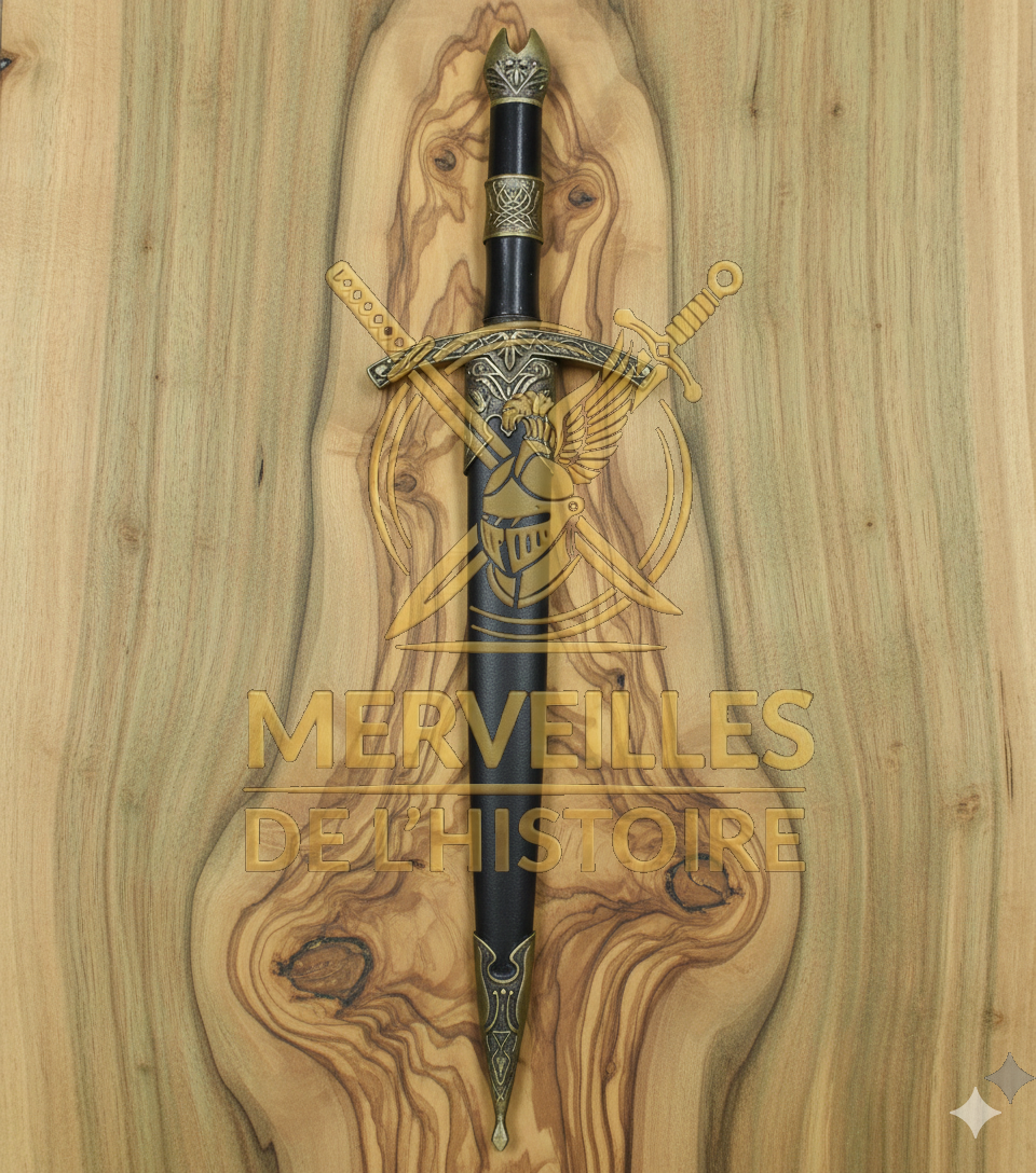 Dague médiévale noire Lierre Mystique de 34cm avec motifs feuille de vigne, présentée sur bois par Merveilles de l’Histoire.