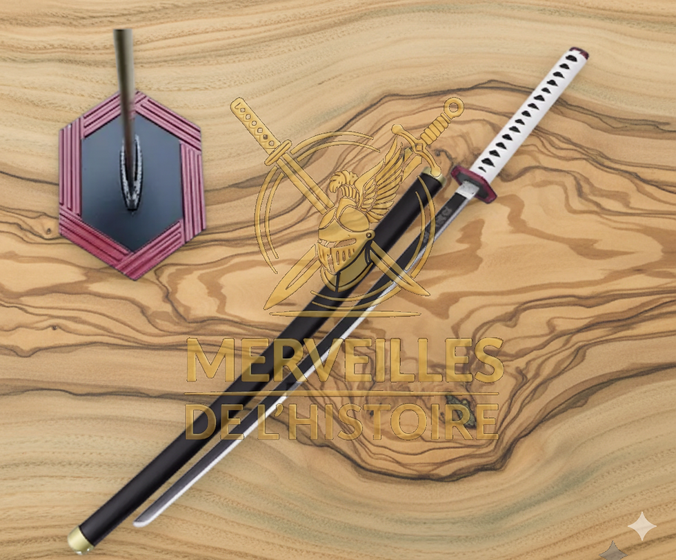 Réplique katana Giyu Tomioka Demon Slayer 105cm, lame acier non tranchante sur fond bois olivier, fourreau noir et garde 