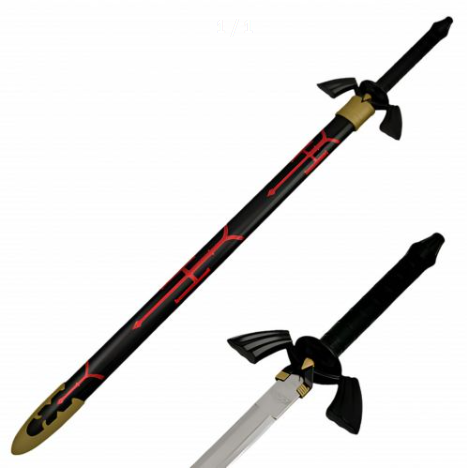 Détails Master Sword Dark Link : garde noire ailée, poignée ergonomique et fourreau décoré rouge et noir. Réplique 105cm.