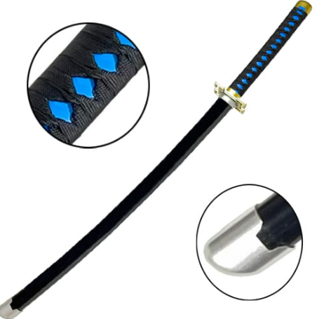 Détails du katana Muichiro Tokito : tressage noir sur fond bleu, garde carrée dorée et finitions argentées du fourreau.