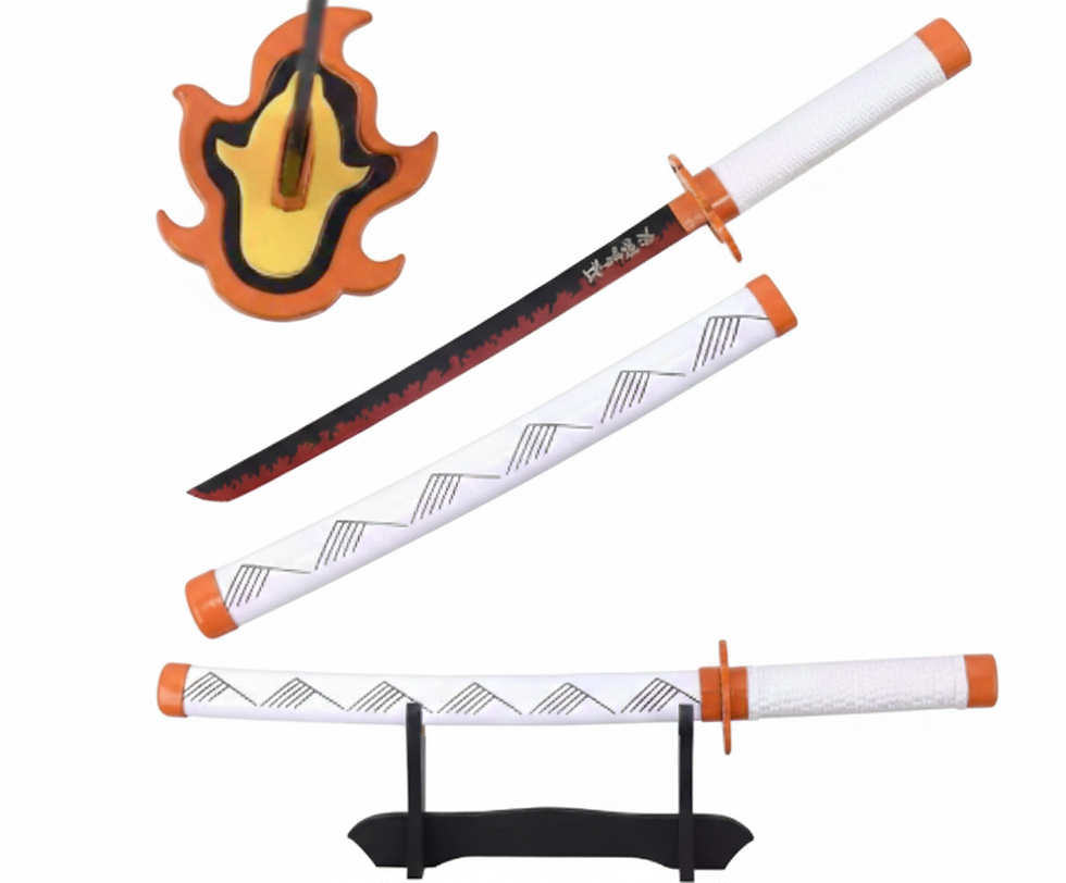 Miniature : Set complet katana Rengoku 45cm : lame décorative, fourreau graphique et support de présentation noir inclus pour bureau.