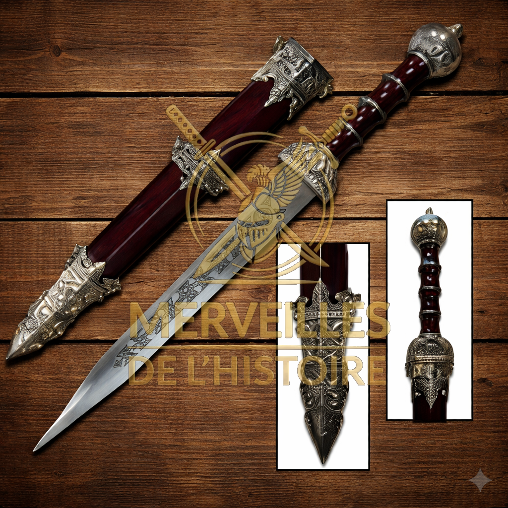 Dague romaine Jules César Pugio 46 cm, manche bordeaux et finitions dorées sur bois, réplique Merveilles de l'Histoire.