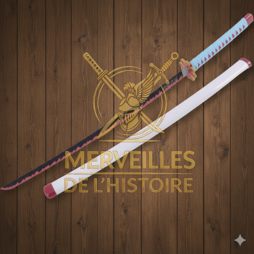 Katana Mitsuri Kanroji 103 cm en acier sur fond bois. Lame noire et rose, garde fleurie dorée et fourreau blanc élégant.