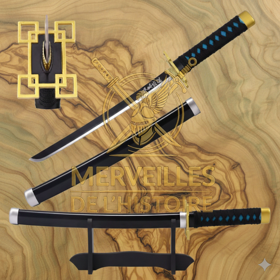 Réplique Tanto Muichiro Tokito 45cm, lame acier bicolore, garde carrée dorée et fourreau noir. Figurine Demon Slayer.