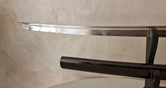 Miniature : Vue rapprochée de la lame en acier 1065. La teinte bleue profonde met en valeur le polissage et le tranchant du sabre.