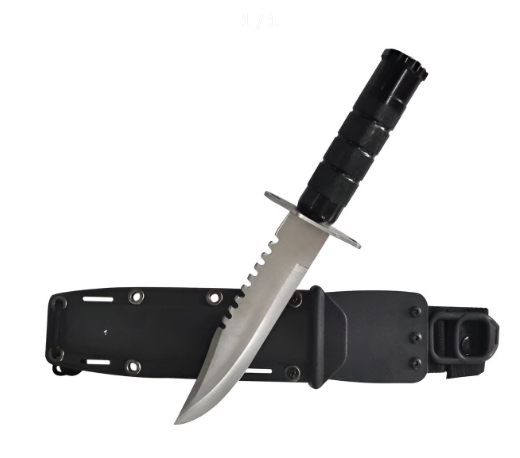 Poignard de survie 29 cm non tranchant avec son fourreau de transport noir, idéal pour l'entraînement ou la collection.