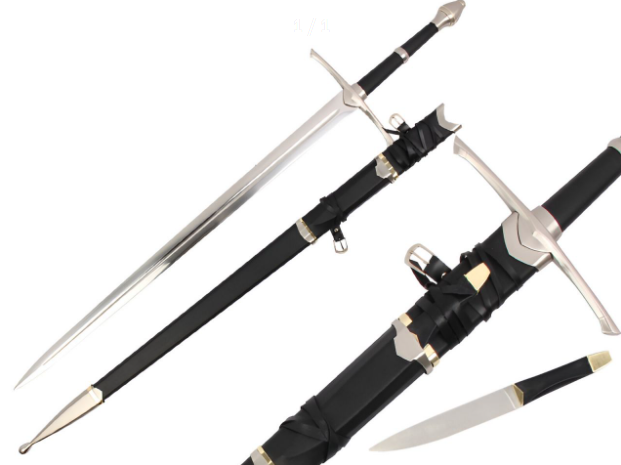 Épée d'Aragorn Strider 130 cm Le Seigneur des Anneaux, lame acier et fourreau noir avec couteau, Merveilles de l'Histoire.