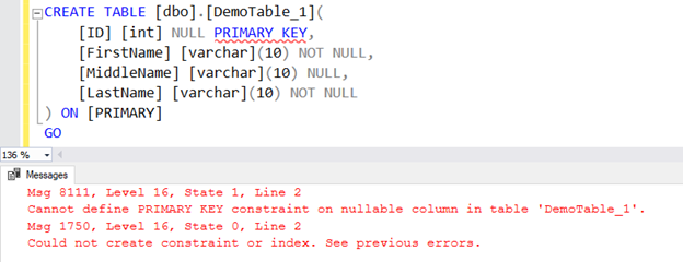 Cannot define primary key