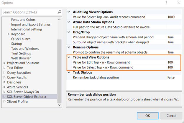Modify the values in SSMS for Select Top and Edit Top rows