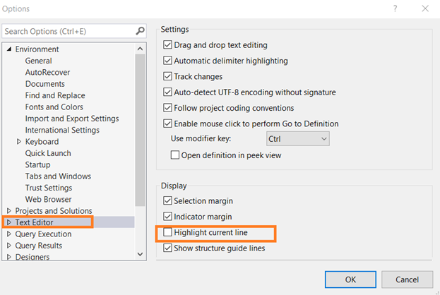 Uncheck SSMS highlight line